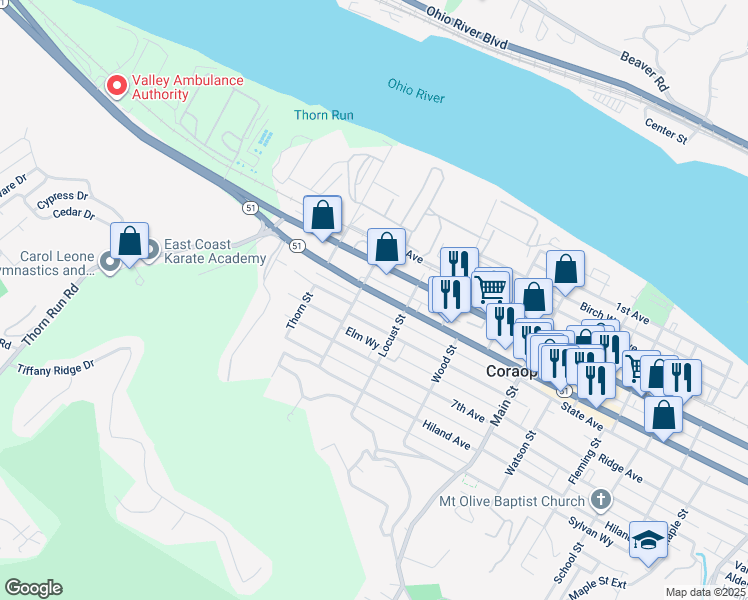 map of restaurants, bars, coffee shops, grocery stores, and more near in Coraopolis