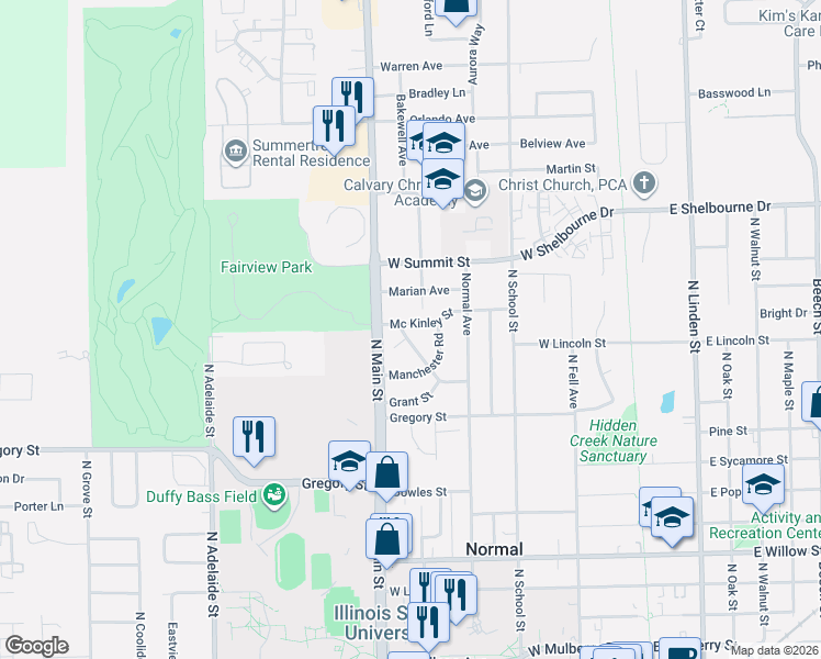 map of restaurants, bars, coffee shops, grocery stores, and more near 502 Mc Kinley Street in Normal