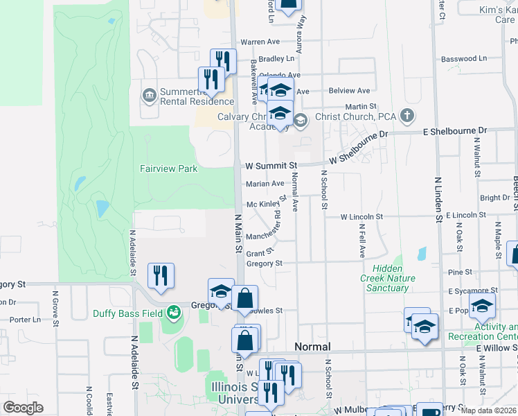 map of restaurants, bars, coffee shops, grocery stores, and more near 502 Mc Kinley Street in Normal