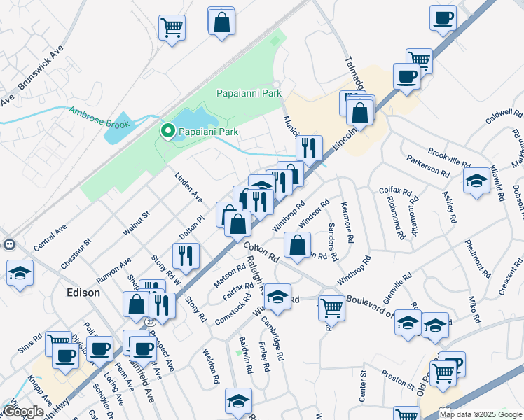map of restaurants, bars, coffee shops, grocery stores, and more near 1967 Lincoln Highway in Edison