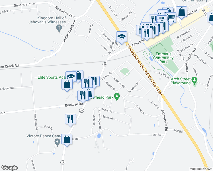 map of restaurants, bars, coffee shops, grocery stores, and more near 4038 Robert Road in Emmaus