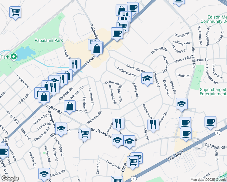map of restaurants, bars, coffee shops, grocery stores, and more near 12 Altamont Road in Edison