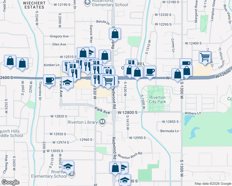 map of restaurants, bars, coffee shops, grocery stores, and more near 12670 South Redwood Road in Riverton