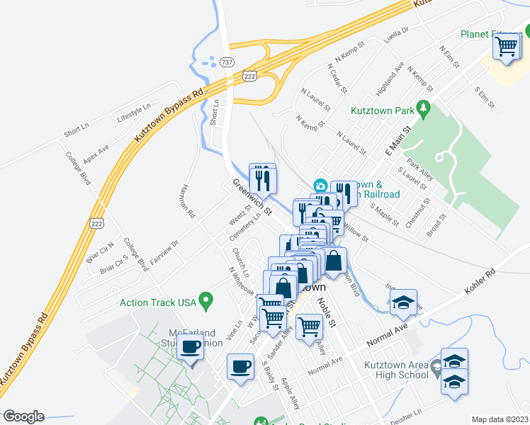map of restaurants, bars, coffee shops, grocery stores, and more near 249 Greenwich Street in Kutztown