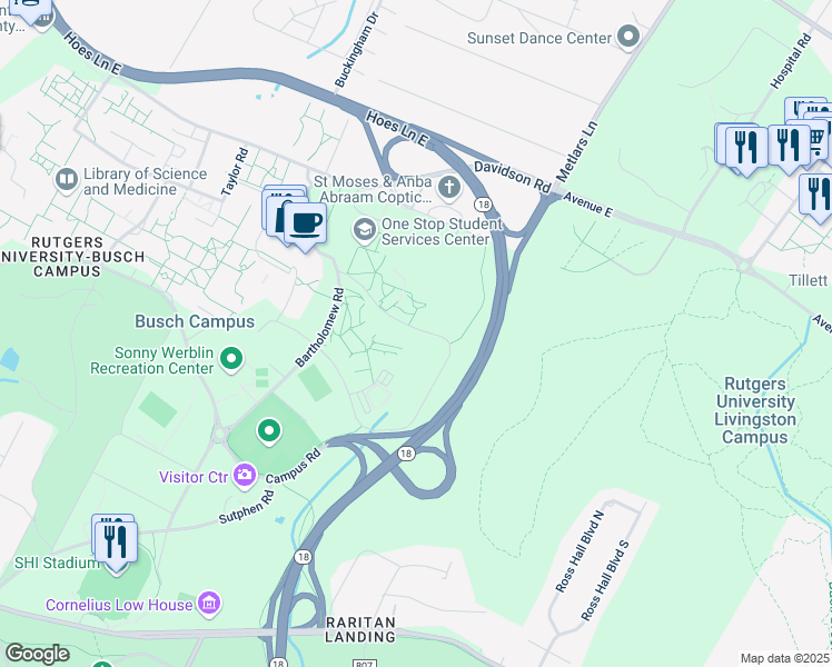 map of restaurants, bars, coffee shops, grocery stores, and more near 62 Marvin Lane in Piscataway Township