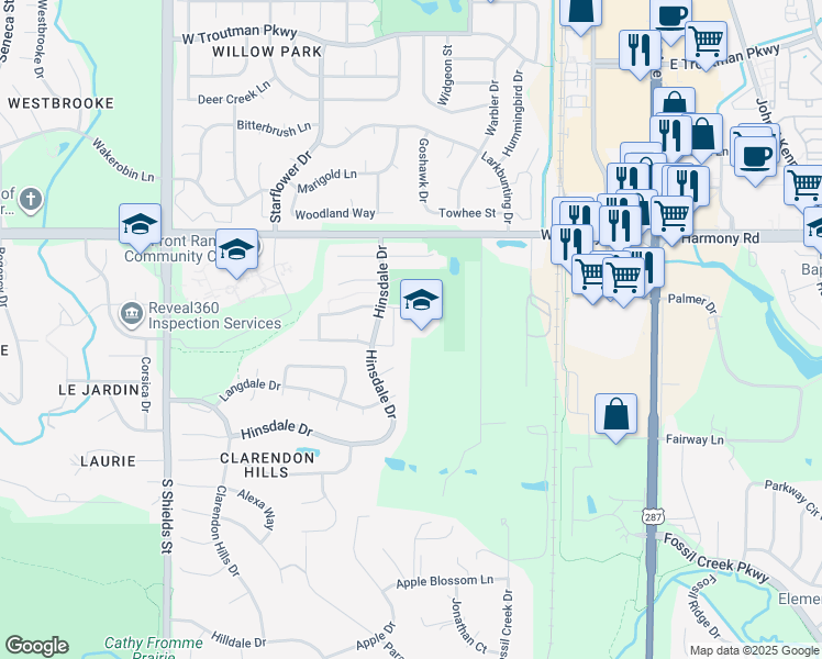 map of restaurants, bars, coffee shops, grocery stores, and more near 4800 Hinsdale Drive in Fort Collins