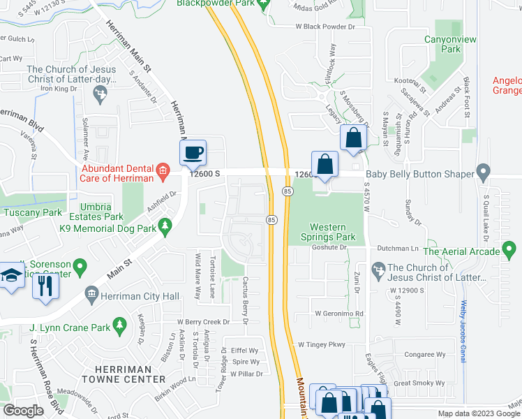 map of restaurants, bars, coffee shops, grocery stores, and more near 12866 Serengeti Drive in Riverton