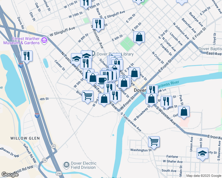 map of restaurants, bars, coffee shops, grocery stores, and more near 223-229 W 3rd St in Dover