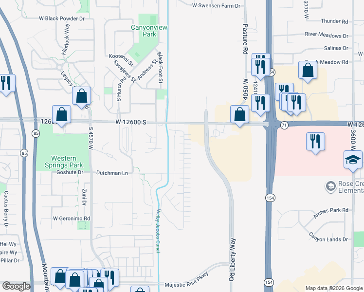 map of restaurants, bars, coffee shops, grocery stores, and more near 4208 West Cedars Edge Court in Riverton
