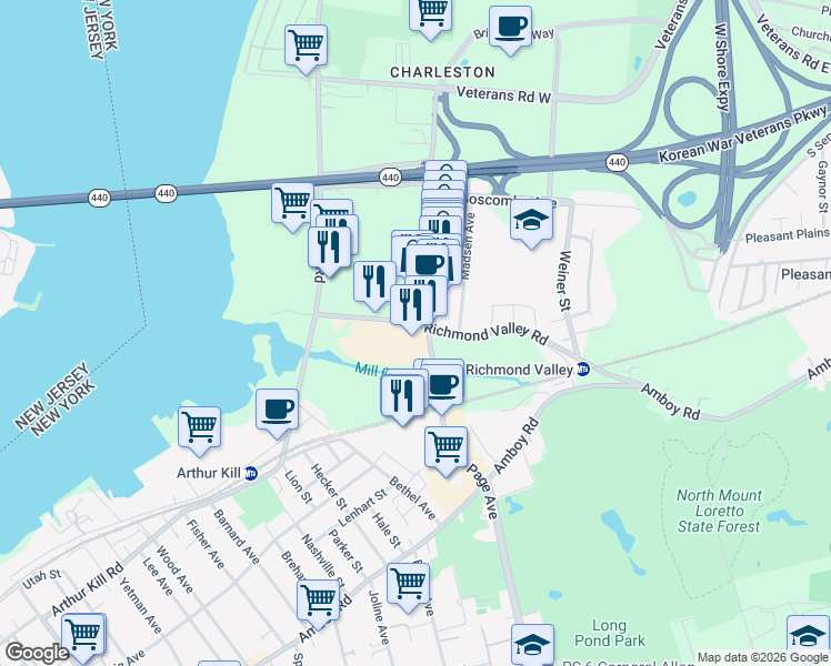 map of restaurants, bars, coffee shops, grocery stores, and more near 125 Page Avenue in Staten Island