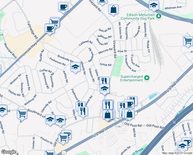 map of restaurants, bars, coffee shops, grocery stores, and more near 18 Dobson Road in Edison
