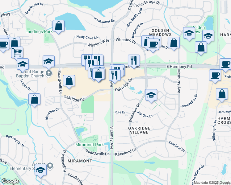 map of restaurants, bars, coffee shops, grocery stores, and more near 1113 Oakridge Drive in Fort Collins
