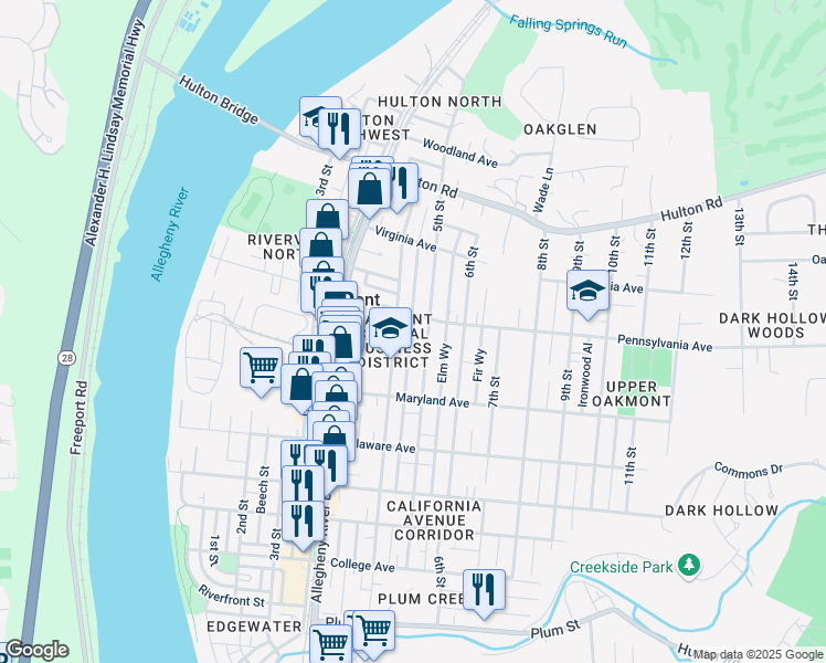 map of restaurants, bars, coffee shops, grocery stores, and more near 679 5th Street in Oakmont