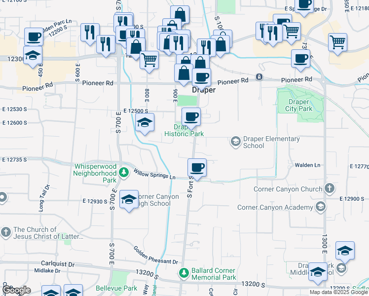 map of restaurants, bars, coffee shops, grocery stores, and more near 12702 South Fort Street in Draper