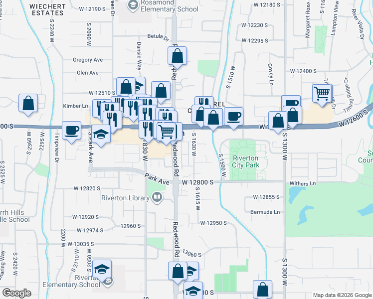 map of restaurants, bars, coffee shops, grocery stores, and more near 12676 South 1630 West in Riverton