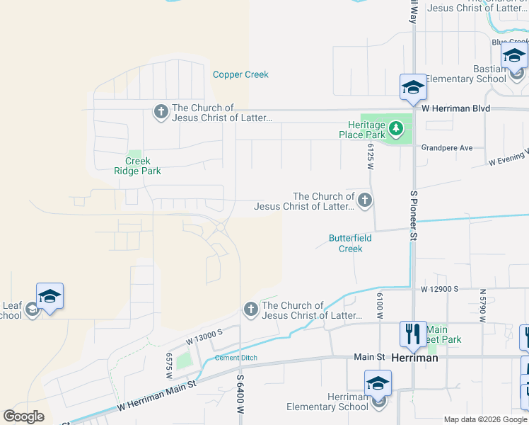 map of restaurants, bars, coffee shops, grocery stores, and more near 12587 Heritage Hill Court in Herriman