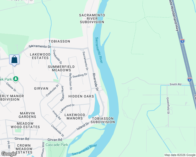 map of restaurants, bars, coffee shops, grocery stores, and more near 6661 Riverside Drive in Redding