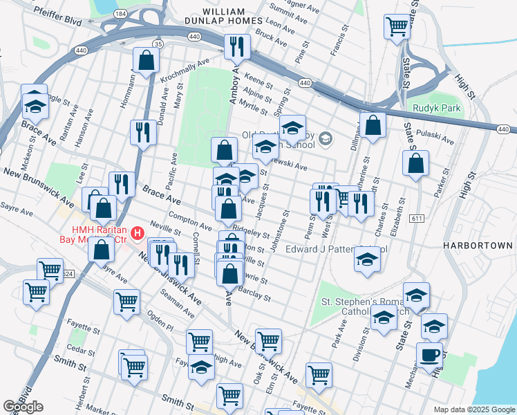 map of restaurants, bars, coffee shops, grocery stores, and more near 367 Hall Avenue in Perth Amboy