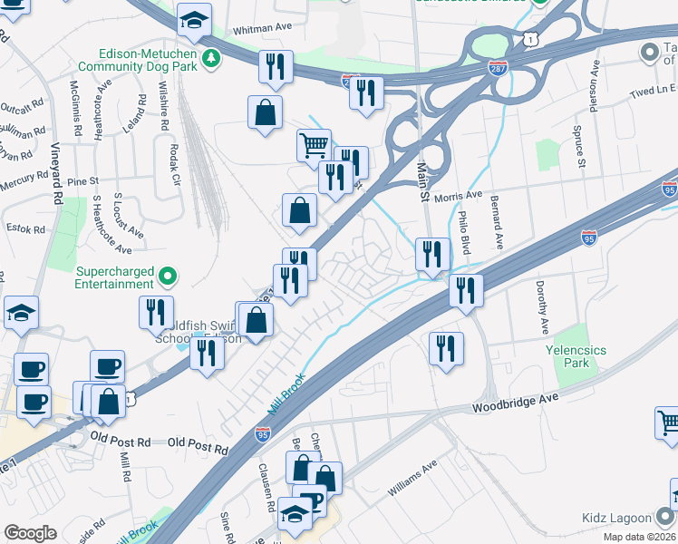 map of restaurants, bars, coffee shops, grocery stores, and more near 411 Edison Glen Terrace in Edison