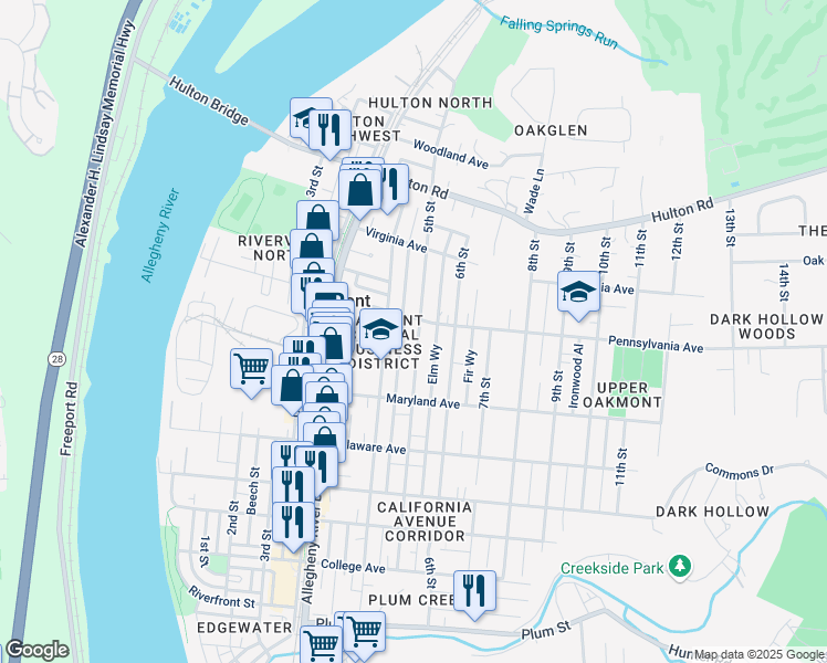 map of restaurants, bars, coffee shops, grocery stores, and more near 679 5th Street in Oakmont