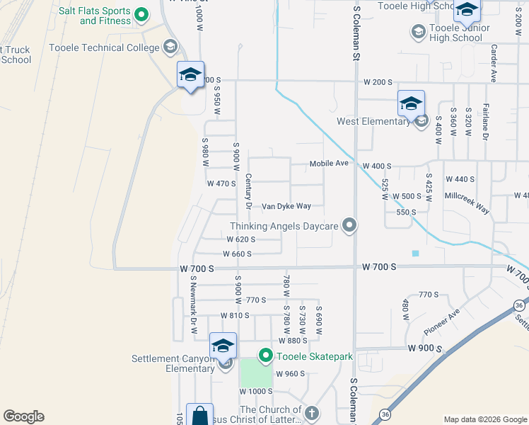 map of restaurants, bars, coffee shops, grocery stores, and more near 795 Van Dyke Way in Tooele