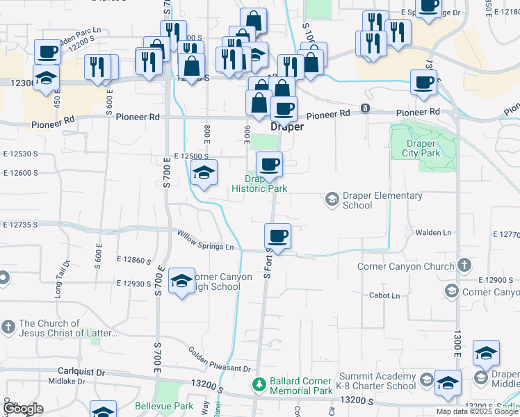 map of restaurants, bars, coffee shops, grocery stores, and more near 12702 South Fort Street in Draper