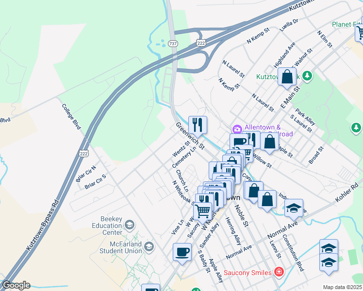 map of restaurants, bars, coffee shops, grocery stores, and more near 137 Wentz Street in Kutztown