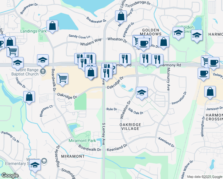 map of restaurants, bars, coffee shops, grocery stores, and more near 1113 Oakridge Drive in Fort Collins