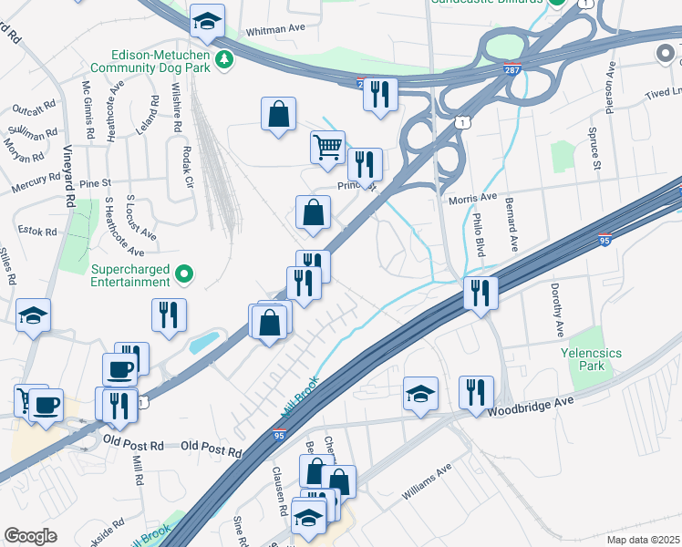 map of restaurants, bars, coffee shops, grocery stores, and more near 411 Edison Glen Terrace in Edison