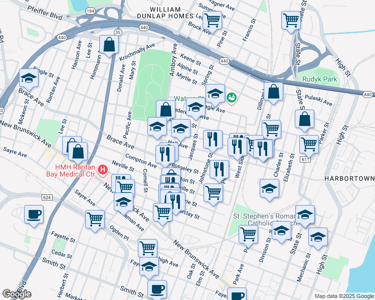 map of restaurants, bars, coffee shops, grocery stores, and more near 367 Hall Avenue in Perth Amboy