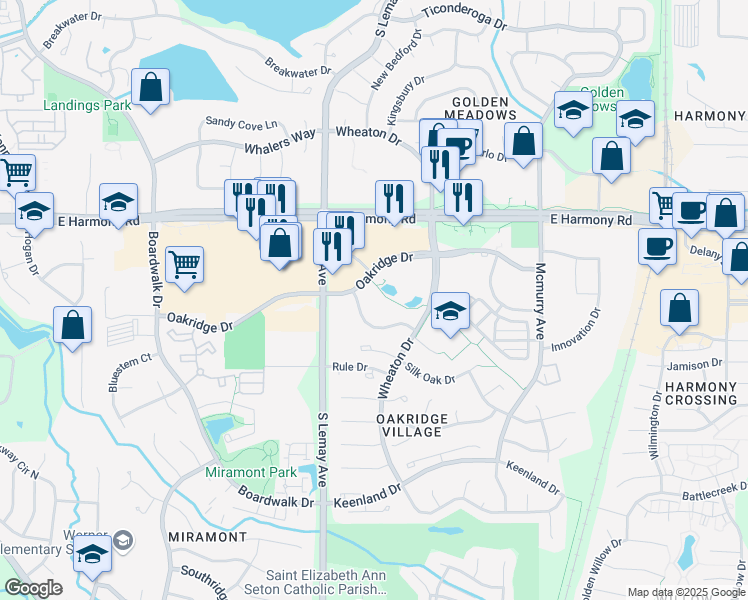 map of restaurants, bars, coffee shops, grocery stores, and more near 1127 Oakridge Drive in Fort Collins