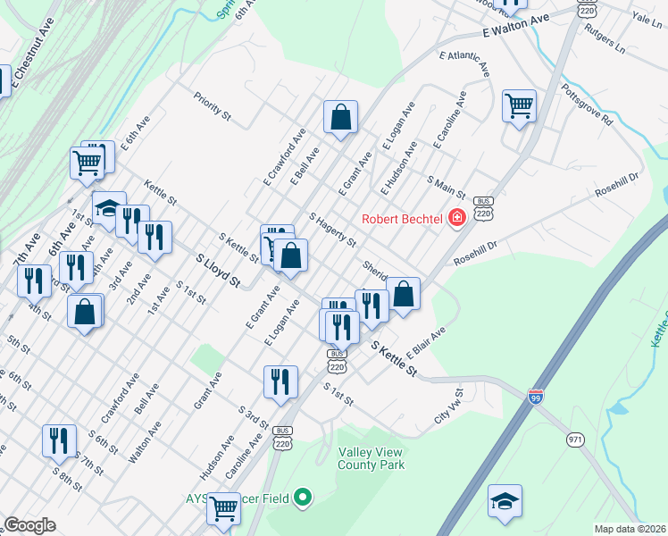 map of restaurants, bars, coffee shops, grocery stores, and more near 610-12 East Street in Altoona