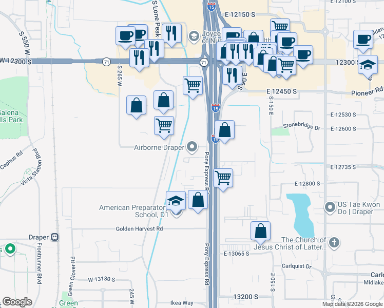 map of restaurants, bars, coffee shops, grocery stores, and more near 12674 Pony Express Road in Draper
