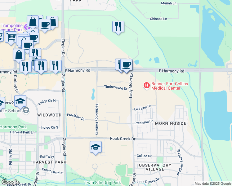 map of restaurants, bars, coffee shops, grocery stores, and more near 3420 Timberwood Drive in Fort Collins