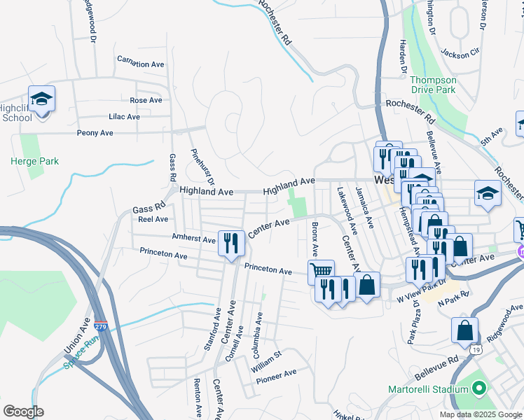 map of restaurants, bars, coffee shops, grocery stores, and more near 104 Georgetown Avenue in Pittsburgh