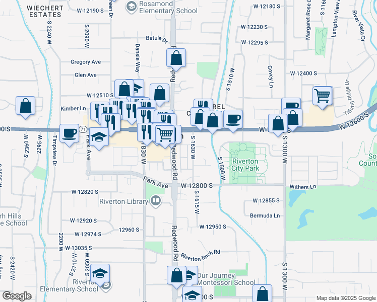 map of restaurants, bars, coffee shops, grocery stores, and more near 12676 South 1630 West in Riverton