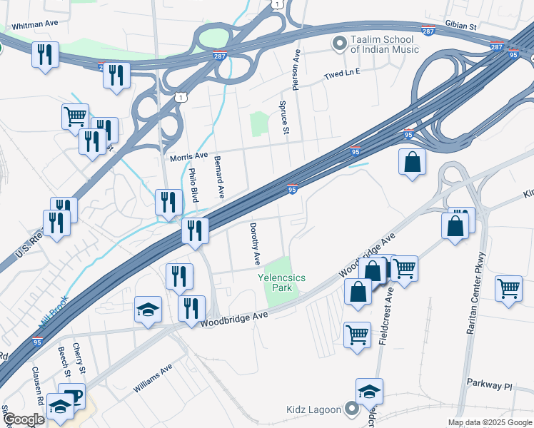 map of restaurants, bars, coffee shops, grocery stores, and more near 44 Harrison Avenue in Edison