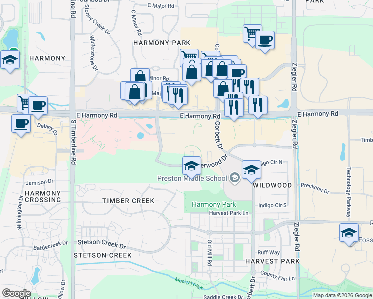 map of restaurants, bars, coffee shops, grocery stores, and more near 4674 Snow Mesa Drive in Fort Collins