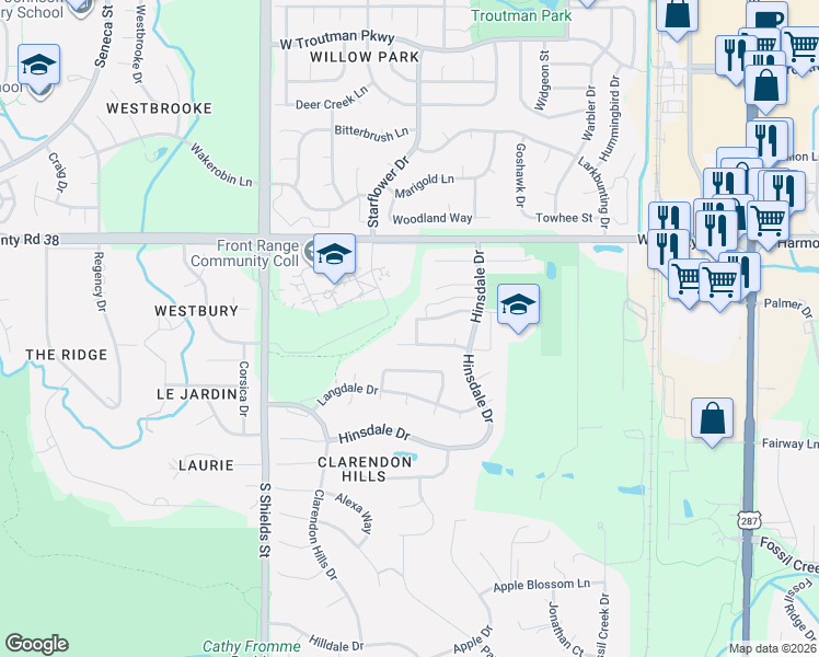 map of restaurants, bars, coffee shops, grocery stores, and more near 737 McGraw Circle in Fort Collins