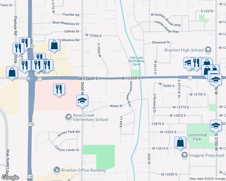 map of restaurants, bars, coffee shops, grocery stores, and more near 3419 West 12600 South in Riverton