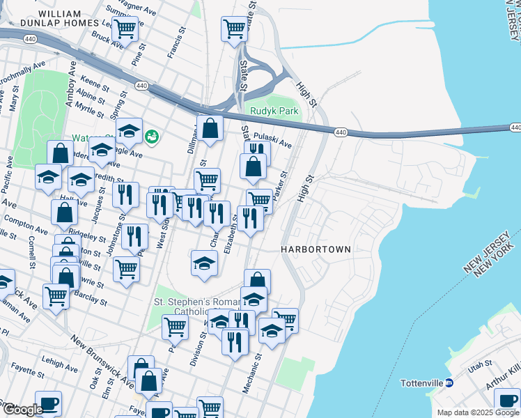 map of restaurants, bars, coffee shops, grocery stores, and more near 682 State Street in Perth Amboy