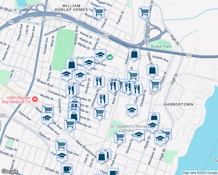 map of restaurants, bars, coffee shops, grocery stores, and more near 301 Arnold Avenue in Perth Amboy