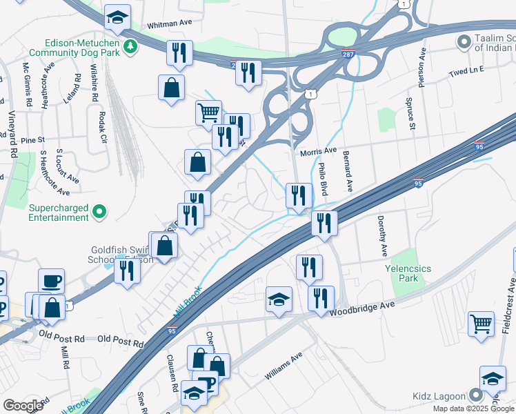 map of restaurants, bars, coffee shops, grocery stores, and more near 801 Edison Glen Terrace in Edison