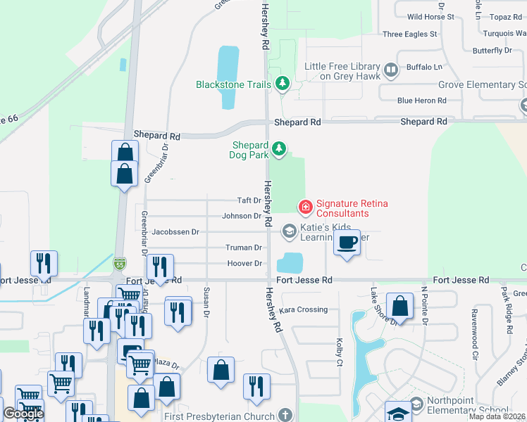 map of restaurants, bars, coffee shops, grocery stores, and more near 1828 Johnson Drive in Normal