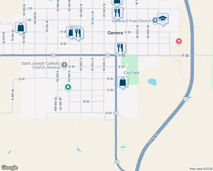 map of restaurants, bars, coffee shops, grocery stores, and more near 435 South 12th Street in Geneva