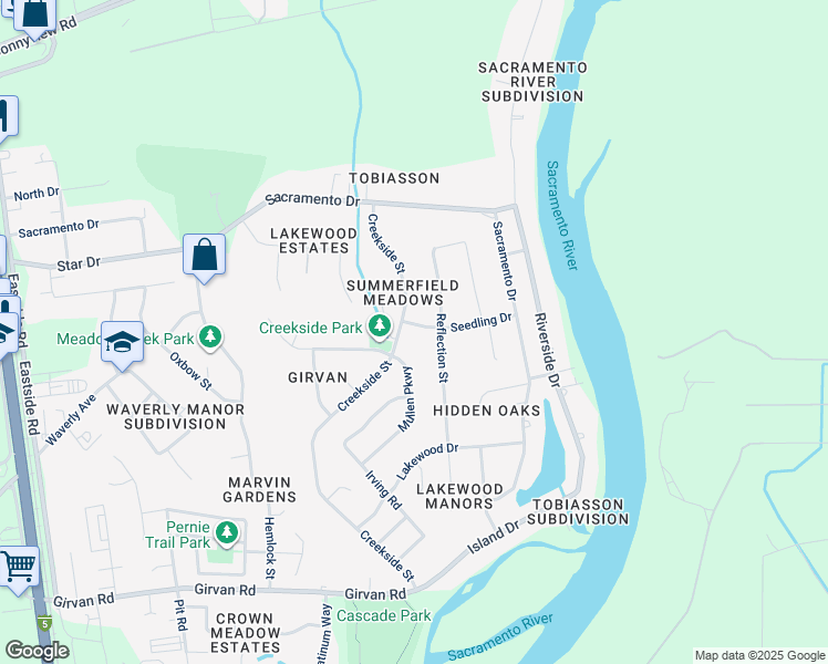 map of restaurants, bars, coffee shops, grocery stores, and more near 3147 Seedling Drive in Redding