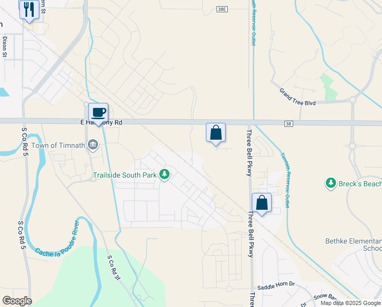map of restaurants, bars, coffee shops, grocery stores, and more near 5819 East Harmony Road in Fort Collins