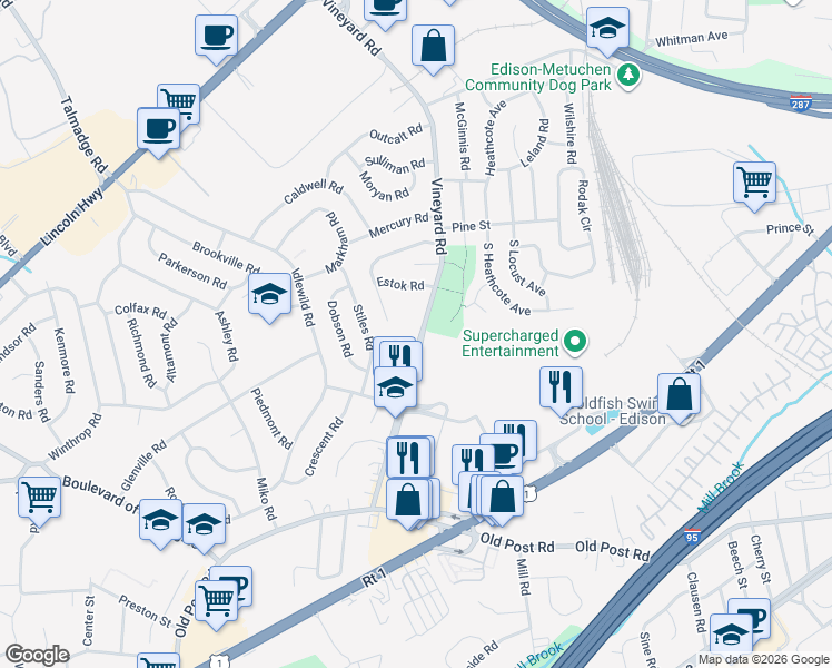 map of restaurants, bars, coffee shops, grocery stores, and more near 85 Vineyard Road in Edison