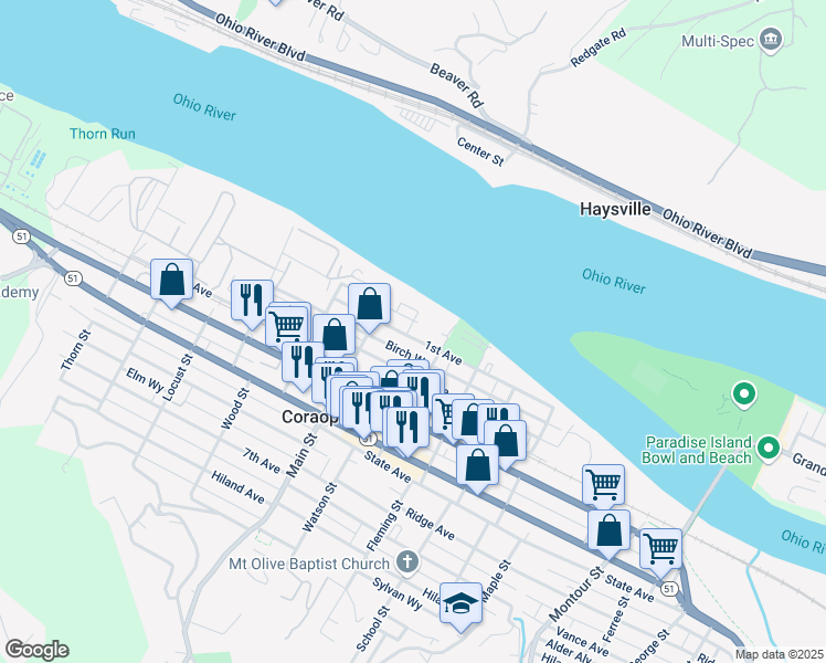 map of restaurants, bars, coffee shops, grocery stores, and more near 933 1st Avenue in Coraopolis