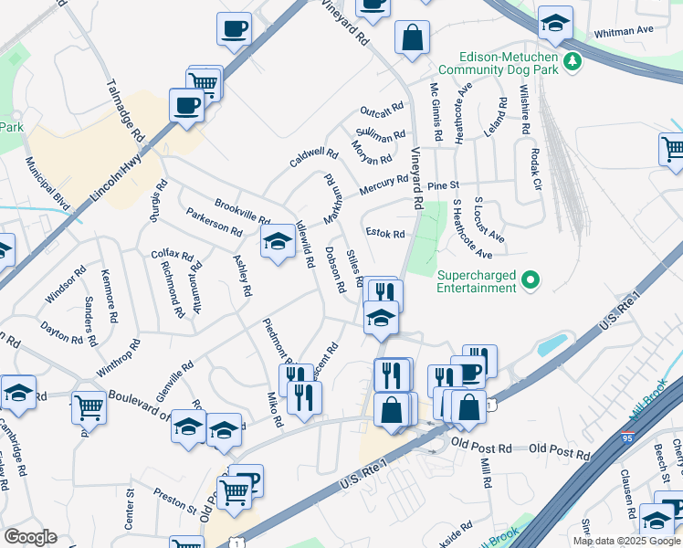 map of restaurants, bars, coffee shops, grocery stores, and more near 18 Dobson Road in Edison